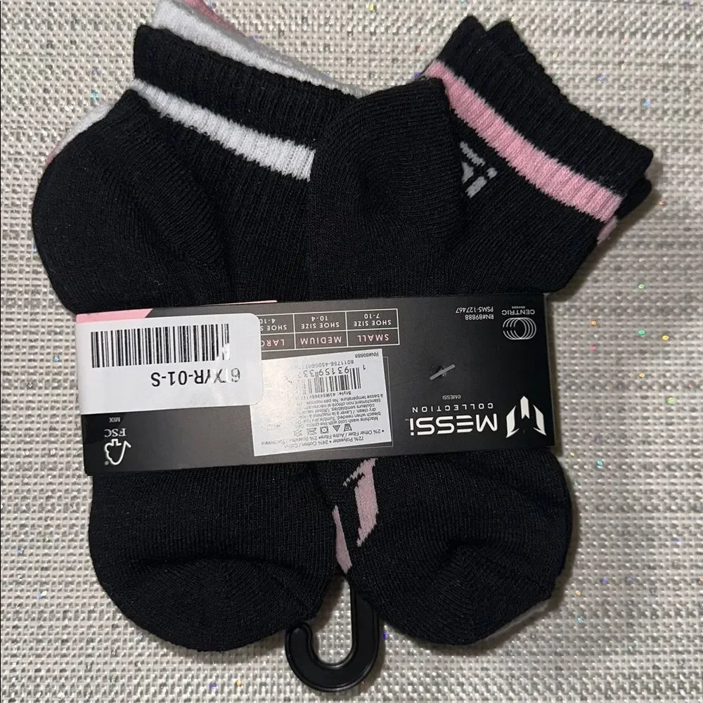 MESSI Black White Pink Boys Girls Lock Up Half Cushion Quarter Crew Socks